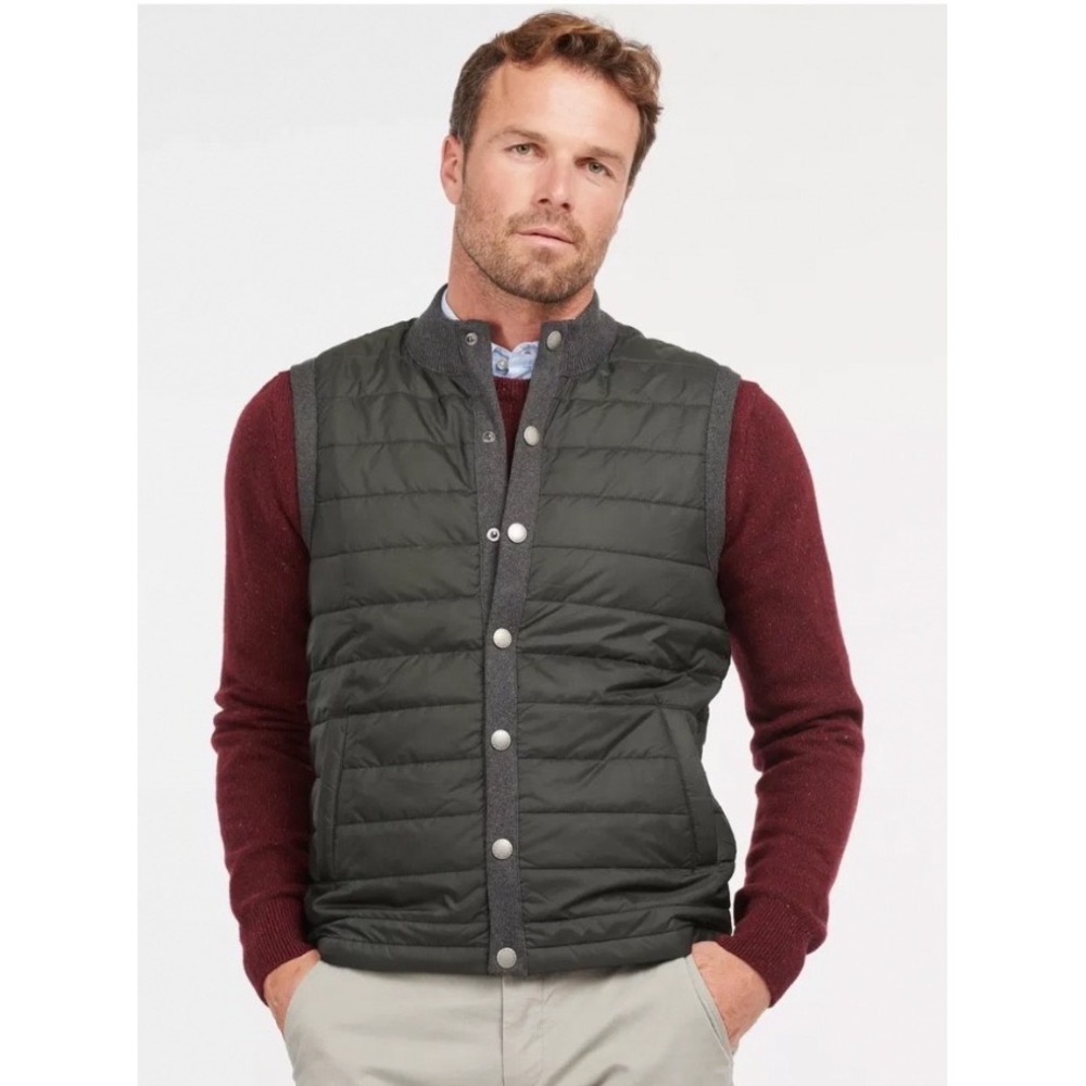 Barbour Essential Gilet Mens Olive Green Quilted Knit Back Vest Snap Front M